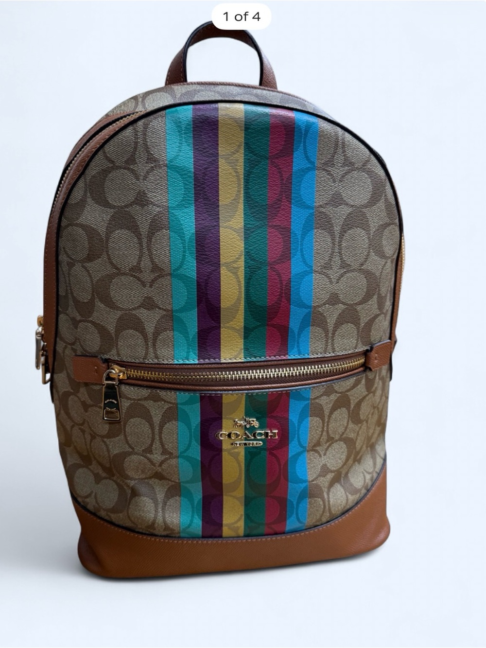 Coach Brown Signature Canvas Backpack with Multicolor Vertical Stripes